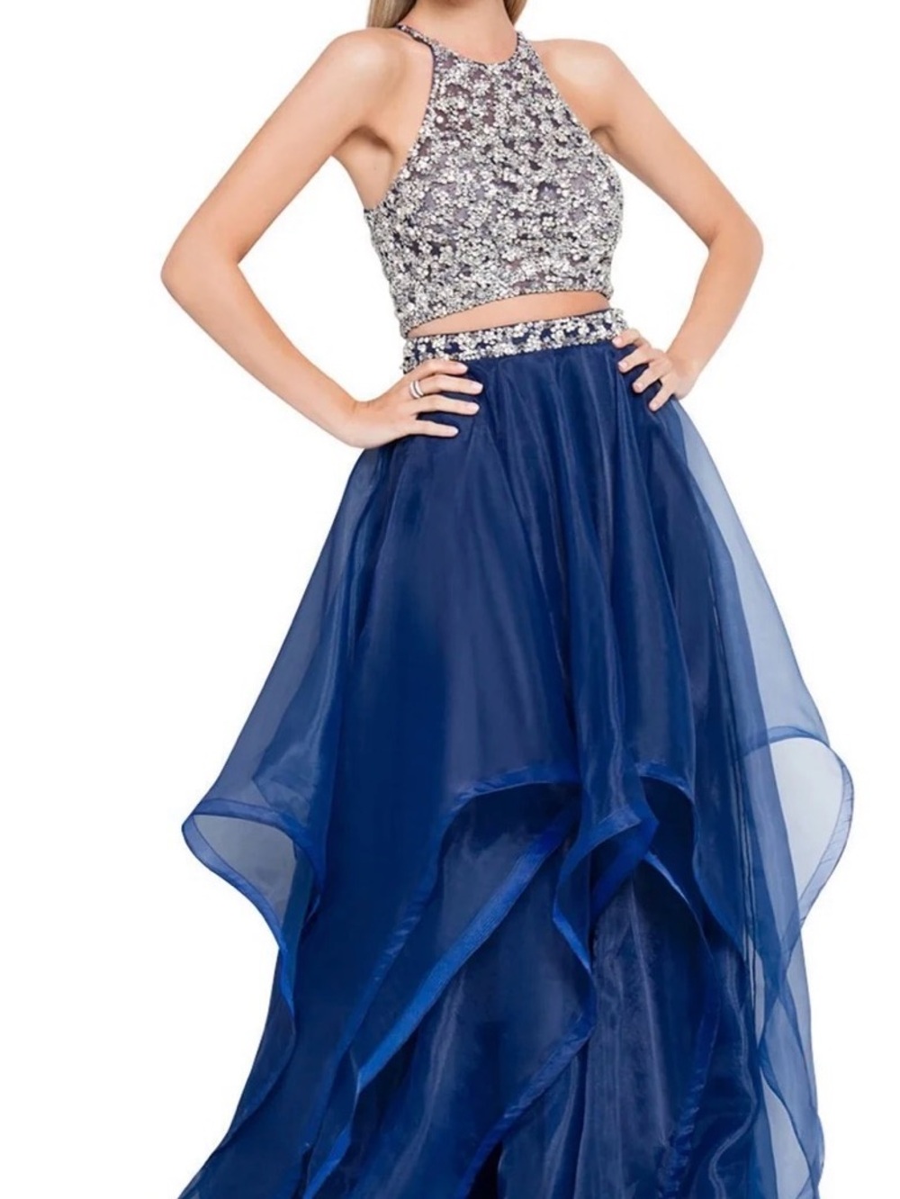 Glamour by Terani Couture Blue Beaded Two-Piece Evening Gown